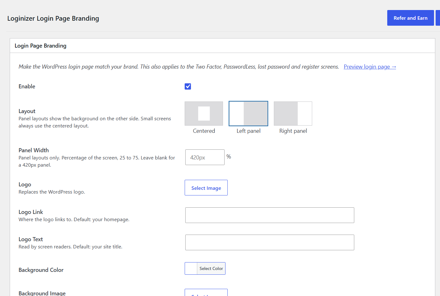 Login page branding settings